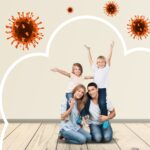 Strong immunity - healthy family. Happy parents with children protected from viruses and bacteria,